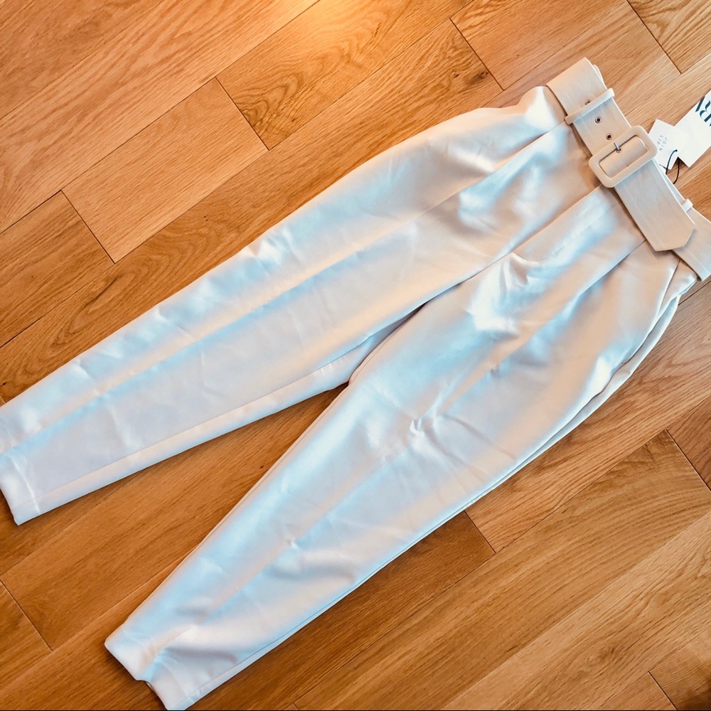NWOT Zara High Waisted Belted Cream White Pants - Picture 10 of 11